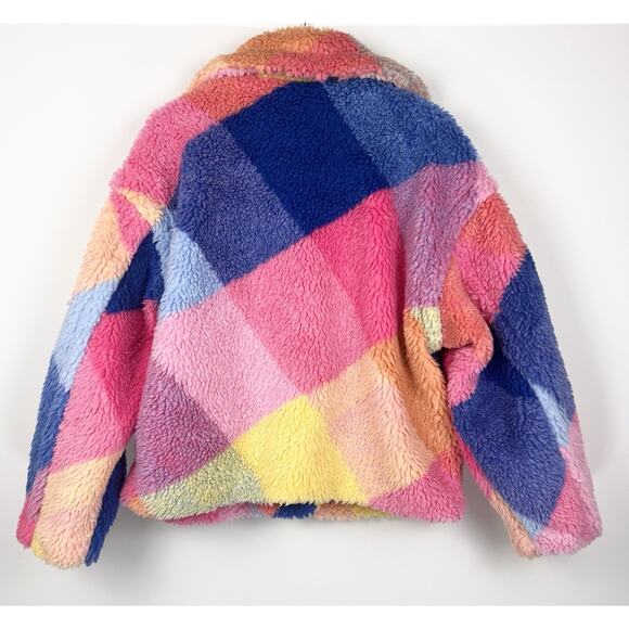 BLANKNYC Women’s L Colorblock Sherpa Teddy Jacket Rainbow Patchwork Oversized - Picture 5 of 10